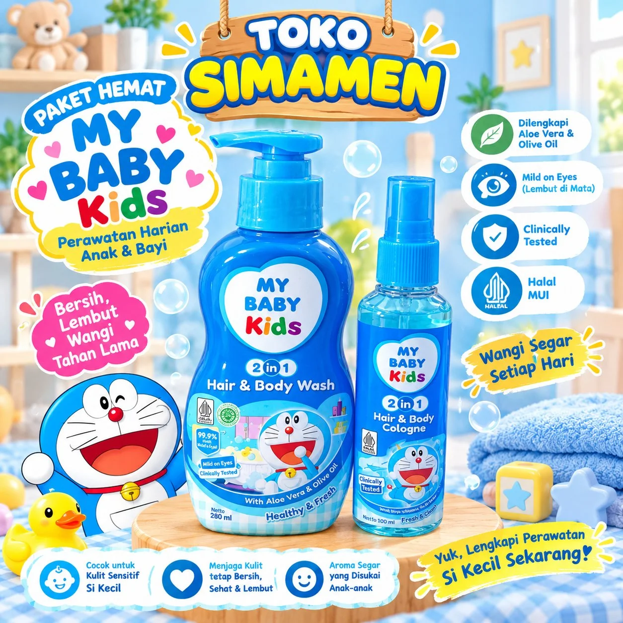 My Baby hair & Bodywash 280ml+My Baby Cologne 100ml Healthy & Fresh, paket hemat My Baby
